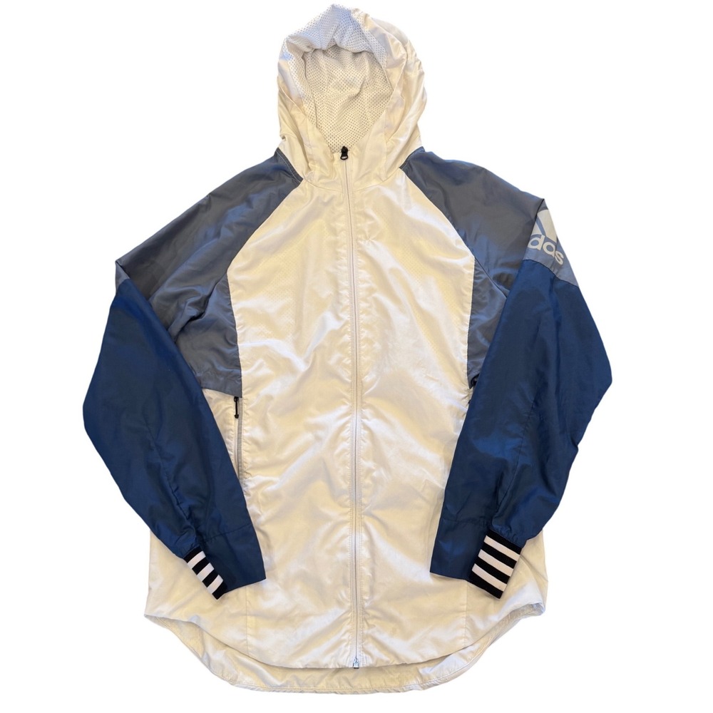Adidas Mens Colorblock Hooded Windbreaker Jacket White Blue Small RN 88387